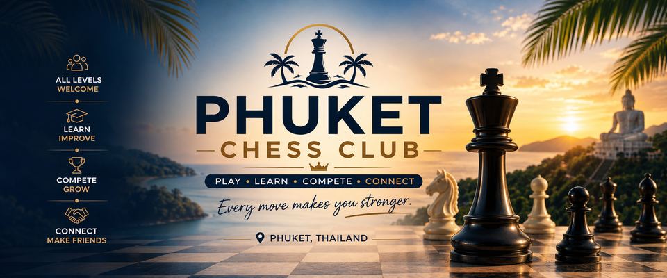 Phuket Chess Club — Play, Learn, Compete, Connect — chess pieces at sunset in Phuket, Thailand